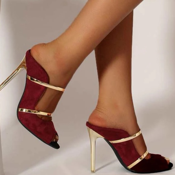 SHIEN - Stiletto Heeled Velvet Mule Sandals - Burgundy / Gold - US(8) - Picture 1 of 5